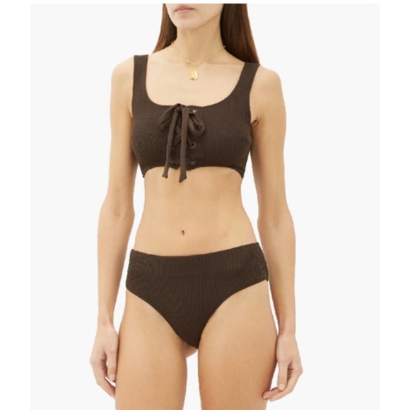 NWT Ganni Lace Up Grommet Tank Ribbed Dark Brown Bikini Set size 38/US 6 - Picture 2 of 9